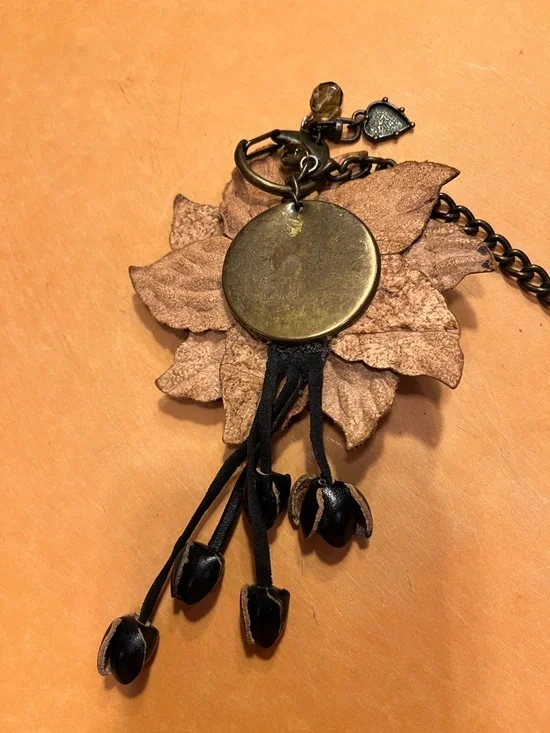 Black Floral Leather Keychain with Chain and Charms - Picture 3 of 8